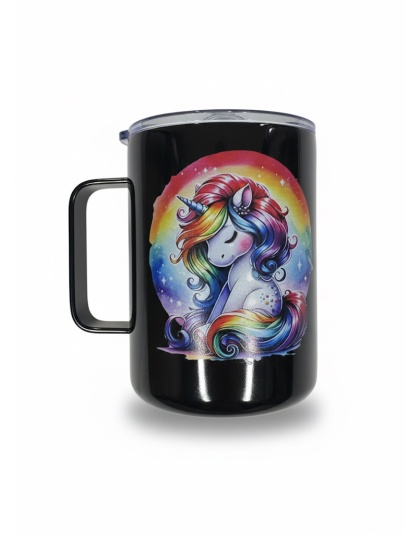 Rainbow Unicorn Black Travel Mug Rare, Chronic &amp; Invisible Illness Awareness and Support