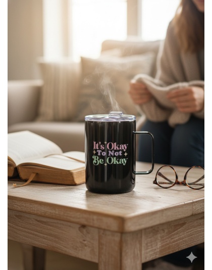 It's OK To Not Be OK Black Travel Mug Rare, Chronic &amp; Grow Positive Thoughts Unicorn Invisible Illness Awareness and Support