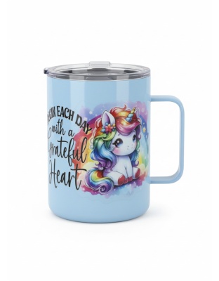 Begin Each Day W/ A Greatful Heart Blue Travel Mug Rare, Chronic &amp; Grow Positive Thoughts Unicorn Invisible Illness Awareness and Support