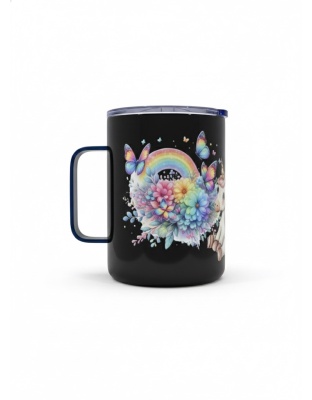 Multicolored Floral Butterfly Design Black Travel Mug Rare, Chronic &amp; Grow Positive Thoughts Unicorn Invisible Illness Awareness and Support Autism Neurodivergence