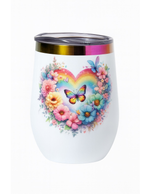 Rainbow Butterfly Heart Strength Fight Survival White Travel Cup w/ Iridescent Rim Hope Strength Fighter Rare, Chronic &amp; Grow Positive Thoughts Unicorn Invisible Illness Awareness and Support