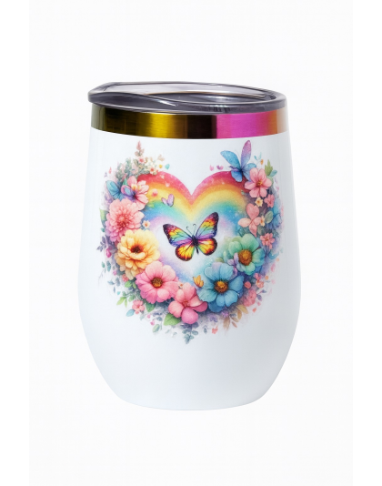Rainbow Butterfly Heart Strength Fight Survival White Travel Cup w/ Iridescent Rim Hope Strength Fighter Rare, Chronic &amp; Grow Positive Thoughts Unicorn Invisible Illness Awareness and Support
