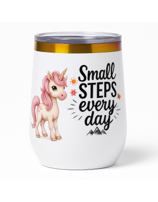 Small Steps Every Day Fight Survival White Travel Cup w/ Iridescent Rim Hope Strength Fighter Rare, Chronic &amp; Grow Positive Thoughts Unicorn Invisible Illness Awareness and Support ( Copy )
