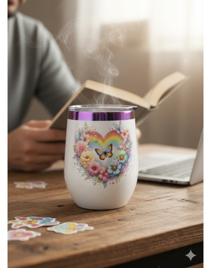 Rainbow Butterfly Heart Strength Fight Survival White Travel Cup w/ Iridescent Rim Hope Strength Fighter Rare, Chronic &amp; Grow Positive Thoughts Unicorn Invisible Illness Awareness and Support