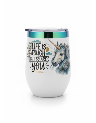 Life Is Tough But So Are You Unicorn White Travel Cup w/ Iridescent Rim Hope Strength Fighter Rare, Chronic &amp; Grow Positive Thoughts Unicorn Invisible Illness Awareness and Support