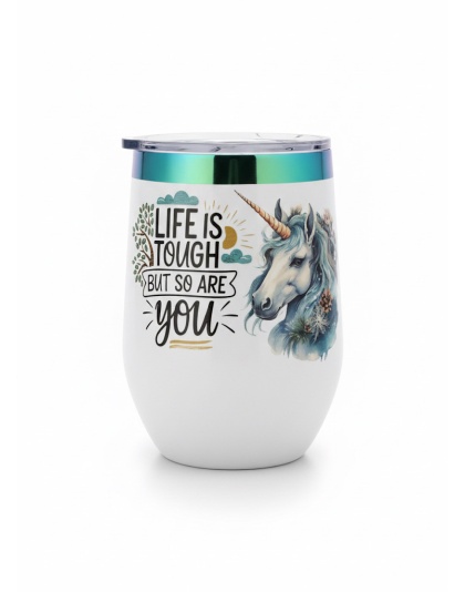 Life Is Tough But So Are You Unicorn White Travel Cup w/ Iridescent Rim Hope Strength Fighter Rare, Chronic &amp; Grow Positive Thoughts Unicorn Invisible Illness Awareness and Support