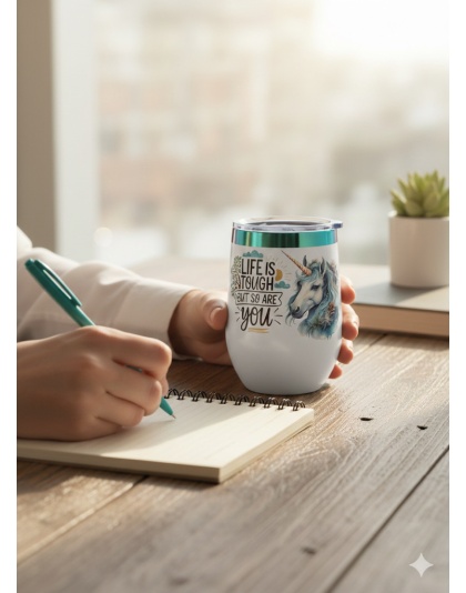Life Is Tough But So Are You Unicorn White Travel Cup w/ Iridescent Rim Hope Strength Fighter Rare, Chronic &amp; Grow Positive Thoughts Unicorn Invisible Illness Awareness and Support