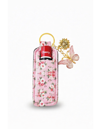 Pink Floral Lip Balm Holder Keychain Sleeve Rare, Chronic &amp; Invisible Illness Support &amp; Awareness