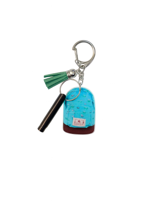 2D Acrylic Blue Backpack Keychain w/Black Safety Whistle Green Tassel Nonprofit