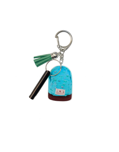 2D Acrylic Blue Backpack Keychain w/Black Safety Whistle Green Tassel Nonprofit