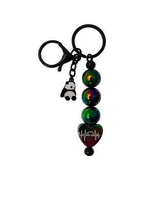 Handmade  Iridescent Black Panda &amp; Heartbeat Beaded Keychain Supporting Invisible Illness Awareness
