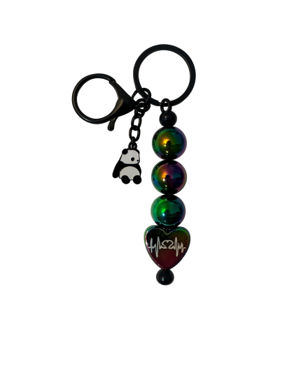 Handmade  Iridescent Black Panda &amp; Heartbeat Beaded Keychain Supporting Invisible Illness Awareness