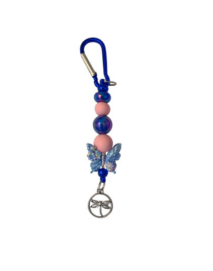 Handmade Pink &amp; Blue Butterfly Beaded Keychain W/ Sloth Charm Supporting Invisible Illness Awareness