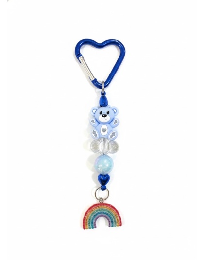 Handmade Blue Bear w/ Rai bow Charm Beaded Keychain Supporting Invisible Illness Awareness