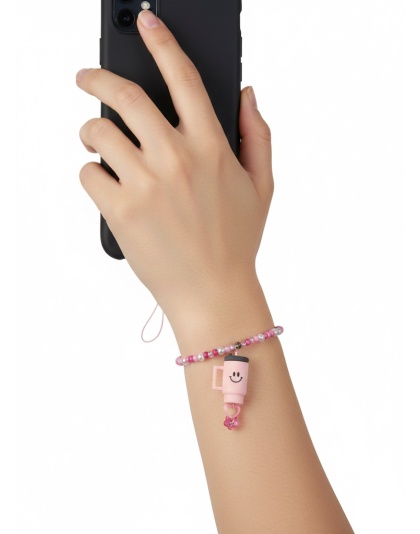 Handmade Pink Beaded Phone Strap W/ Tumbler Charm Bag Zipper Accessory Chronic Rare Invisible Illness Support &amp; Awareness