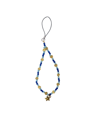 Handmade Blue &amp; Gold Beaded Phone Strap w/Gold Charm Bag Zipper Accessory Chronic Rare Invisible Illness Support &amp; Awareness