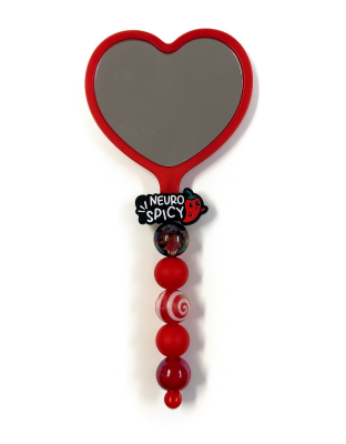 Handmade Neuro Spicy Red Beaded Heart Mirror Cute Vanity &amp; Makeup Mirror Support Chronic Rare &amp; Invisible Illness Awareness