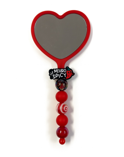 Handmade Neuro Spicy Red Beaded Heart Mirror Cute Vanity &amp; Makeup Mirror Support Chronic Rare &amp; Invisible Illness Awareness