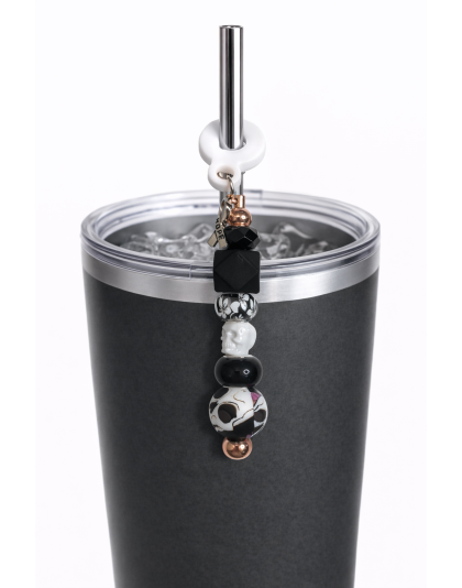 Handmade Beaded Black Straw Skull Accessory With Ribbon Charm Support Chronic &amp; Rare Disease Awareness Chrome