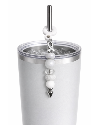 Handmade Beaded White Straw Accessory With Ribbon Charm Support Chronic &amp; Rare Disease Awareness