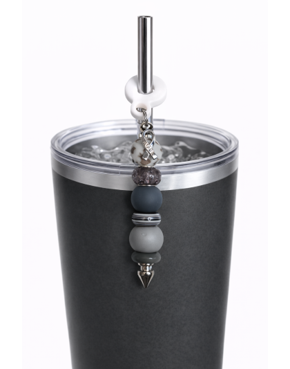 Handmade Beaded Gray Straw Accessory With Ribbon Charm Support Chronic &amp; Rare Disease Awareness