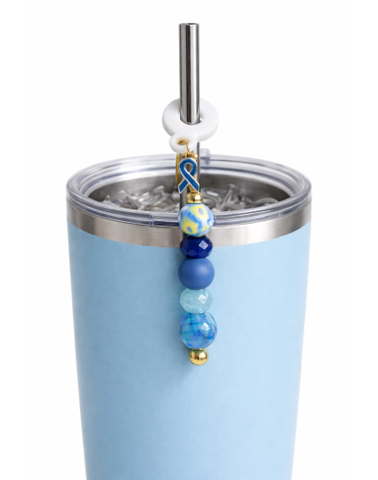 Handmade Beaded Blue Straw Accessory With Ribbon Charm Support Chronic &amp; Rare Disease Awareness Gold
