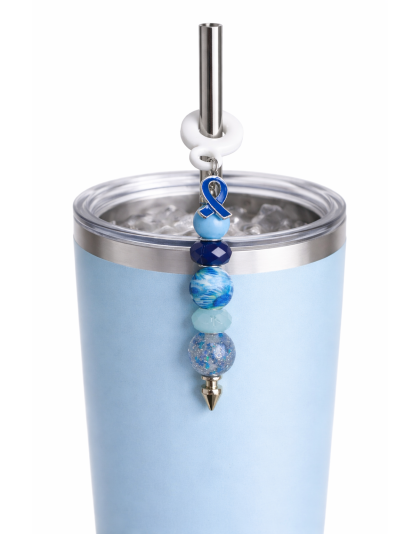 Handmade Beaded Blue Straw Accessory With Ribbon Charm Support Chronic &amp; Rare Disease Awareness Chrome