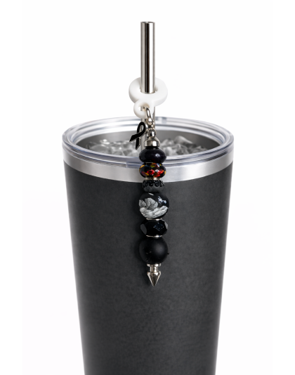 Handmade Beaded Black Straw Accessory With Ribbon Charm Support Chronic &amp; Rare Disease Awareness