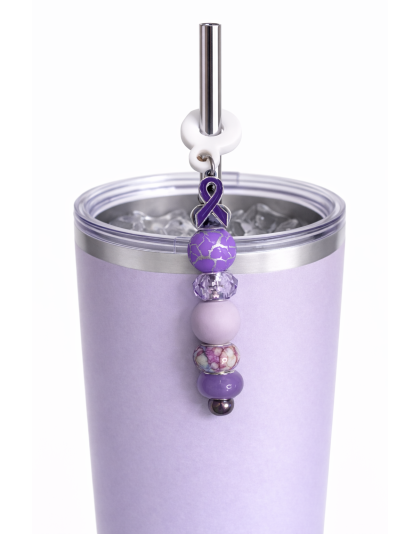 Handmade Beaded Purple Straw Accessory With Ribbon Charm Support Chronic &amp; Rare Disease Awareness