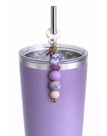 Handmade Beaded Purple Gold Straw Accessory With Ribbon Charm Support Chronic &amp; Rare Disease Awareness
