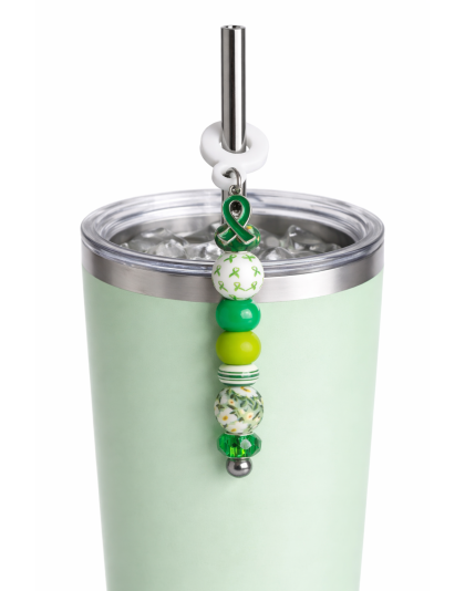 Handmade Beaded Green Straw Accessory With Ribbon Charm Support Chronic &amp; Rare Disease Awareness Ribbon bead