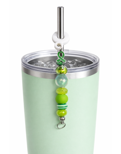 Handmade Beaded Green Straw Accessory With Ribbon Charm Support Chronic &amp; Rare Disease Awareness