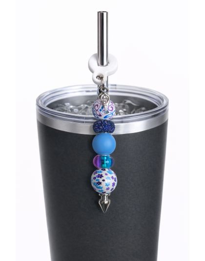 Handmade Beaded Blue &amp; Purple Straw Accessory With Ribbon Charm Support Chronic &amp; Rare Disease Awareness