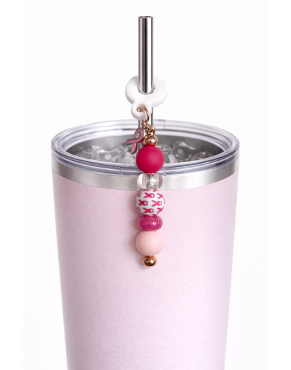 Handmade Beaded Pink Straw Accessory With Ribbon Charm Support Chronic &amp; Rare Disease Awareness