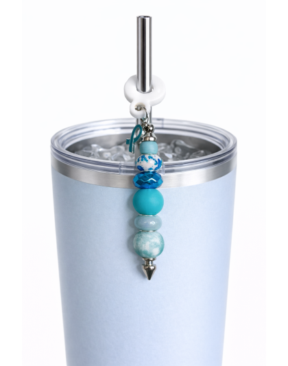 Handmade Beaded Teal Straw Accessory With Ribbon Charm Support Chronic &amp; Rare Disease Awareness