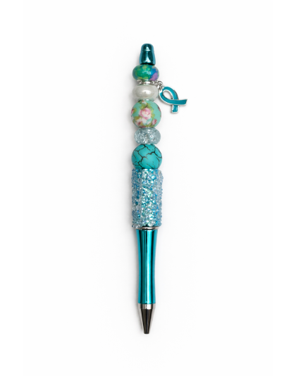 Handmade Sparkly Teal Pen with Ribbon Charm Cute, Fun &amp; Full of Heart Support &amp; Awareness