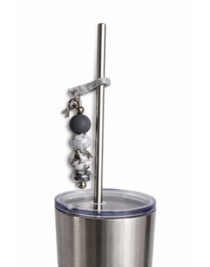 Handmade Beaded Gray Straw Accessory With Ribbon Charm Support Chronic &amp; Rare Disease Awareness