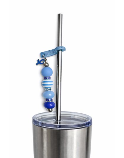 Handmade Beaded Blue Straw Accessory With Ribbon Charm Support Chronic &amp; Rare Disease Awareness