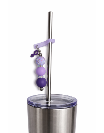 Handmade Beaded Purple Straw Accessory With Ribbon Charm Support Chronic &amp; Rare Disease Awareness