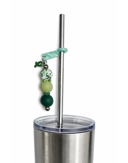 Handmade Beaded Green Ribbon Straw Accessory With Ribbon Charm Support Chronic &amp; Rare Disease Awareness