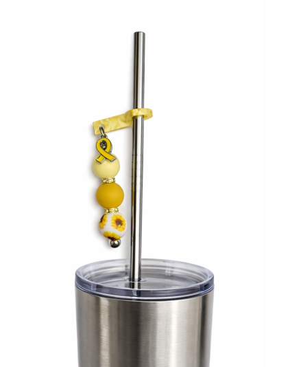 Handmade Beaded Yellow Ribbon Straw Accessory With Ribbon Charm Support Chronic &amp; Rare Disease Awareness