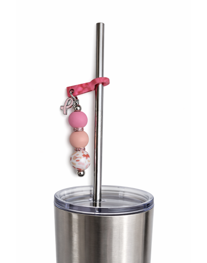 Handmade Beaded Light Pink Ribbon Straw Accessory With Ribbon Charm Support Chronic &amp; Rare Disease Awareness