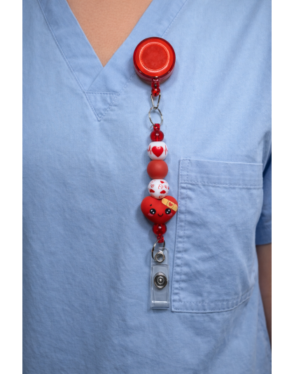 Handmade Red Heart With Bandage Beaded Badge Reel Retractable ID Holder Cute &amp; Uplifting Design To Raise Awareness &amp; Support