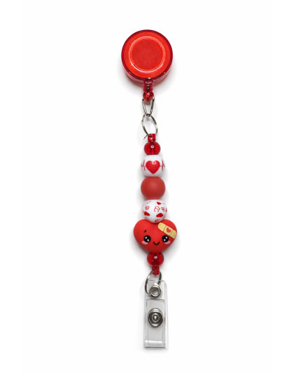 Handmade Red Heart With Bandage Beaded Badge Reel Retractable ID Holder Cute &amp; Uplifting Design To Raise Awareness &amp; Support