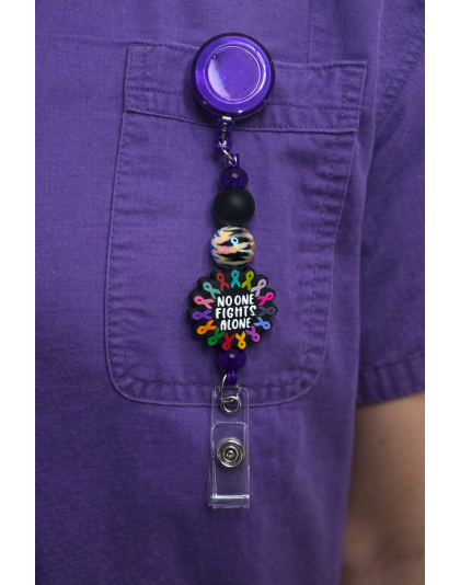 Handmade No One Fights Alone Colored Ribbons Beaded Badge Reel Retractable ID Holder Cute &amp; Uplifting Design To Raise Awareness &amp; Support