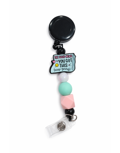 Handmade Good News-You Got This Black Beaded Badge Reel Retractable ID Holder Cute &amp; Uplifting Design To Raise Awareness &amp; Support