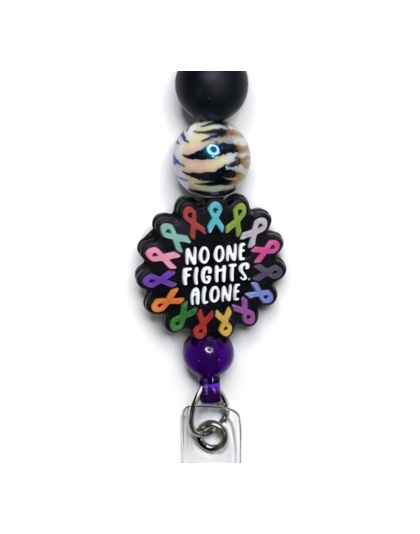 Handmade No One Fights Alone Colored Ribbons Beaded Badge Reel Retractable ID Holder Cute &amp; Uplifting Design To Raise Awareness &amp; Support