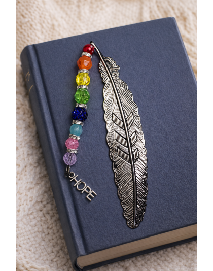 Handmade Dark Gray Feather Bookmark With Rainbow Beads Supporting Rare Invisible &amp; Chronic Illness Awareness