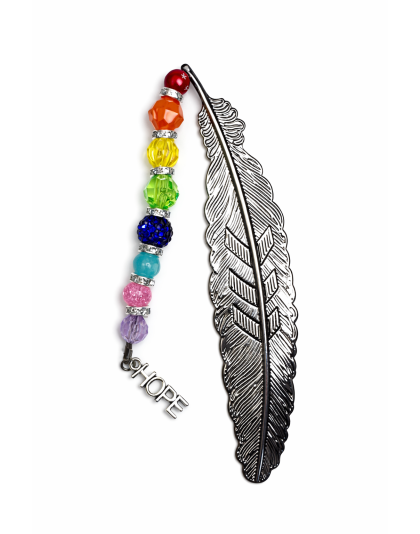 Handmade Dark Gray Feather Bookmark With Rainbow Beads Supporting Rare Invisible &amp; Chronic Illness Awareness