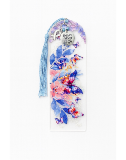 Handmade Blue Tassel White Ribbon Never Give Up Charm Pink Purple Butterfly Acrylic Bookmark Supporting Rare Invisible &amp; Chronic Illness Awareness